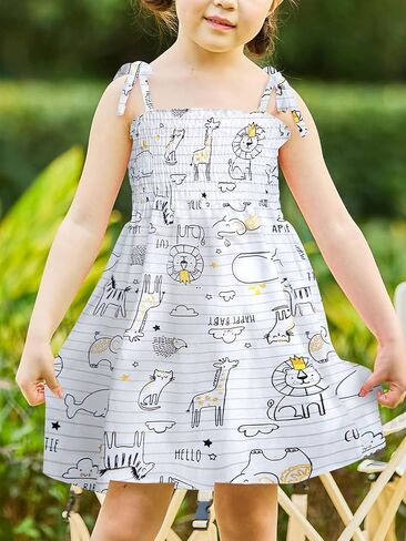 فستان تاجيوم للأطفال الصغار مطبوع عليه حيوانات فساتين صيفية بأشرطة حبال بدون أكمام للفتيات فستان صيفي للشاطئ كاجوال in Kuwait