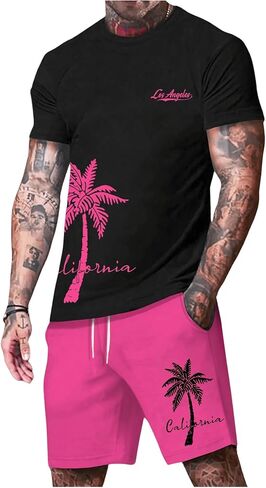 SOLY HUX Men's Hawaiian 2 Piece Outfits Letter Graphic Short Sleeve Tee and Drawstring Shorts Set in Saudi Arabia