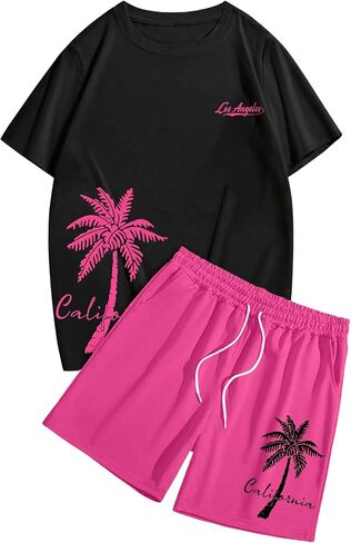 SOLY HUX Men's Hawaiian 2 Piece Outfits Letter Graphic Short Sleeve Tee and Drawstring Shorts Set in Saudi Arabia