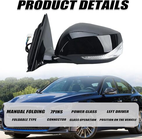 7Pins Right Side Mirror Assembly Compatible with 2014-2018 Infiniti Q50 Power Heated Mirror With Signal Light Paintable For Models Without Around View Monitor(7Pins-Passenger Right Side) in Kuwait