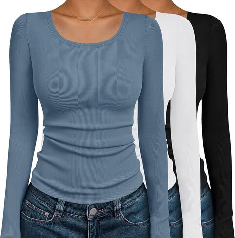 Ekouaer Womens Long Sleeve Shirts 3 Packs Scoop Neck Ribbed Tops Fitted Thermal Undershirt Soft Layering Tees XS-XXL in Saudi Arabia