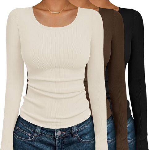 Ekouaer Womens Long Sleeve Shirts 3 Packs Scoop Neck Ribbed Tops Fitted Thermal Undershirt Soft Layering Tees XS-XXL in Saudi Arabia