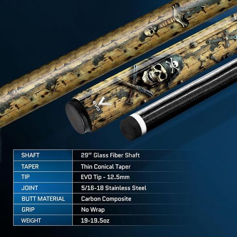 EVO Pirates Glassfiber Pool Cue Stick, Low Deflection Pool Sticks with 5/16 * 18 Pin Joint, 12.5mm Tip, Evo tip, Hybrid Pro Taper in Saudi Arabia