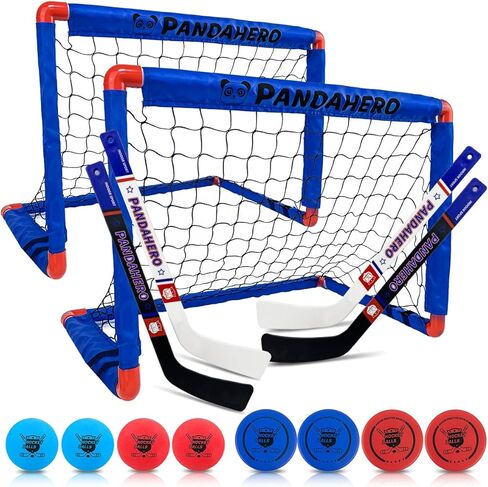 Pandahero Mini Hockey Stick مجموعة للأطفال - مجموعة الهوكي الأرضية الداخلية مع 4 عصي للهوكي المصغرة و 12 كرات هوكي الركبة - Pucks Loft Foam Pucks - Hockey Gifts for Boys & Girls in Kuwait