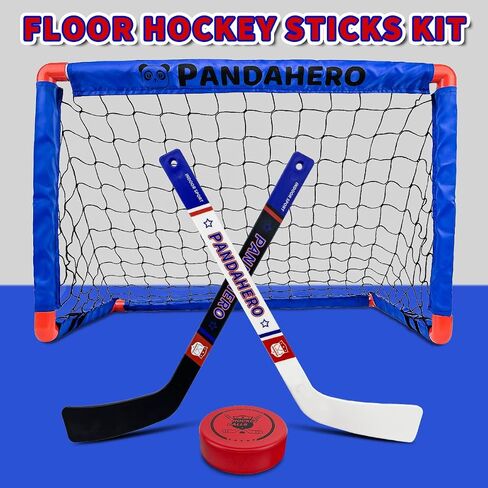 Pandahero Mini Hockey Stick مجموعة للأطفال - مجموعة الهوكي الأرضية الداخلية مع 4 عصي للهوكي المصغرة و 12 كرات هوكي الركبة - Pucks Loft Foam Pucks - Hockey Gifts for Boys & Girls in Kuwait
