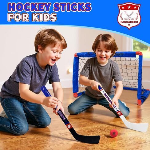 Pandahero Mini Hockey Stick مجموعة للأطفال - مجموعة الهوكي الأرضية الداخلية مع 4 عصي للهوكي المصغرة و 12 كرات هوكي الركبة - Pucks Loft Foam Pucks - Hockey Gifts for Boys & Girls in Kuwait