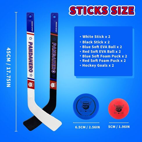 Pandahero Mini Hockey Stick مجموعة للأطفال - مجموعة الهوكي الأرضية الداخلية مع 4 عصي للهوكي المصغرة و 12 كرات هوكي الركبة - Pucks Loft Foam Pucks - Hockey Gifts for Boys & Girls in Kuwait