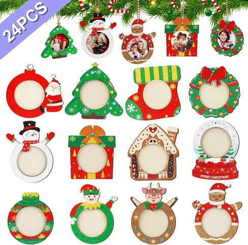 AerWo 24 Pcs Unfinished Wood Christmas Picture Frame, 12 Styles DIY Christmas Photo Frame Tree Wooden Ornaments to Paint with Colored Marker Sticker & Ropes, Funny Christmas Craft Kits for Kids Adults in Saudi Arabia
