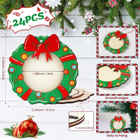 AerWo 24 Pcs Unfinished Wood Christmas Picture Frame, 12 Styles DIY Christmas Photo Frame Tree Wooden Ornaments to Paint with Colored Marker Sticker & Ropes, Funny Christmas Craft Kits for Kids Adults in Saudi Arabia