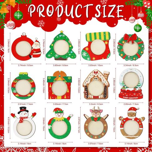 AerWo 24 Pcs Unfinished Wood Christmas Picture Frame, 12 Styles DIY Christmas Photo Frame Tree Wooden Ornaments to Paint with Colored Marker Sticker & Ropes, Funny Christmas Craft Kits for Kids Adults in Saudi Arabia