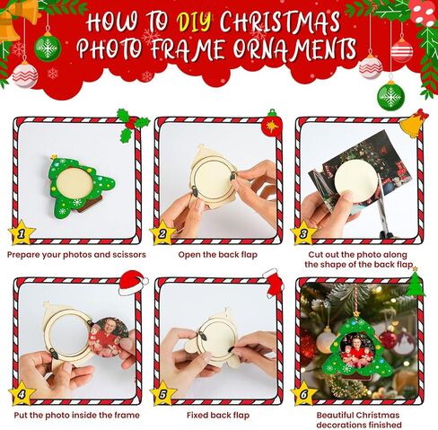 AerWo 24 Pcs Unfinished Wood Christmas Picture Frame, 12 Styles DIY Christmas Photo Frame Tree Wooden Ornaments to Paint with Colored Marker Sticker & Ropes, Funny Christmas Craft Kits for Kids Adults in Saudi Arabia