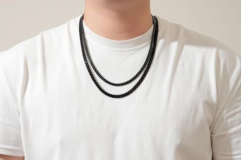 2Pcs Black Chains for Men, Stainless Steel Flat Box Chain Necklace, Layered Necklaces for Men and Women, 3mm/4mm/5mm/6mm Width in Kuwait