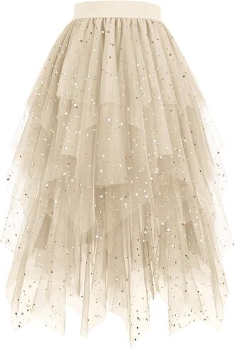 Sequin Tulle Skirts for Women Irregular Layered Sparkly Tutu Skirt Elastic High Waist A-Line Skirt in Kuwait