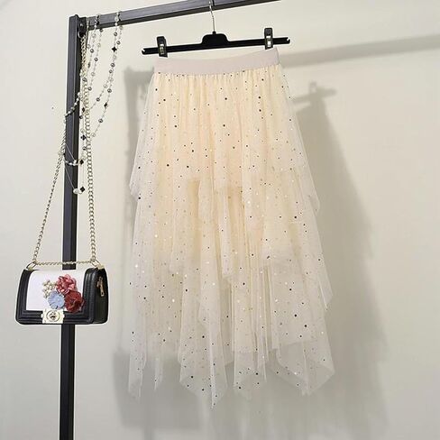 Sequin Tulle Skirts for Women Irregular Layered Sparkly Tutu Skirt Elastic High Waist A-Line Skirt in Kuwait