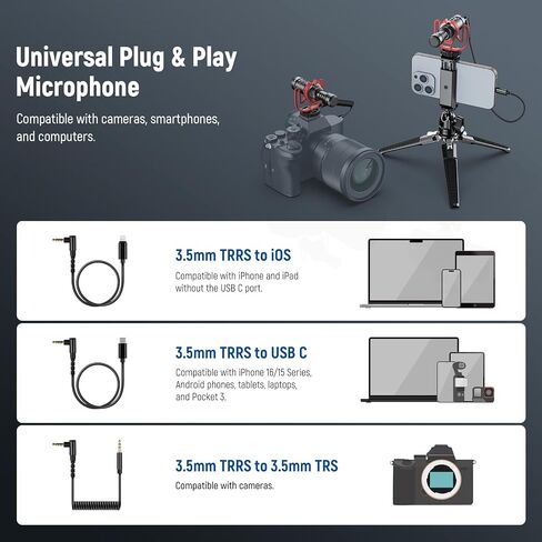 NEEWER Plug & Play Vlog Microphone, 20-20KHz Mini Supercardioid Mic with 3.5mm TRS, USB C OTG Cable, Shock Mount, Windscreen Compatible with iPhone 16 15 14 Samsung S24 Android Tablet Mac Camera, VM10 in Saudi Arabia