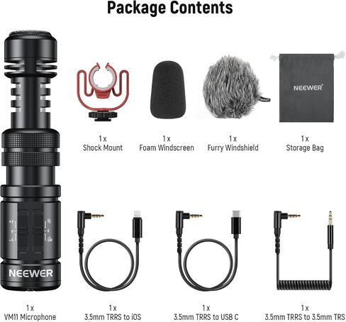 NEEWER Plug & Play Vlog Microphone, 20-20KHz Mini Supercardioid Mic with 3.5mm TRS, USB C OTG Cable, Shock Mount, Windscreen Compatible with iPhone 16 15 14 Samsung S24 Android Tablet Mac Camera, VM10 in Saudi Arabia
