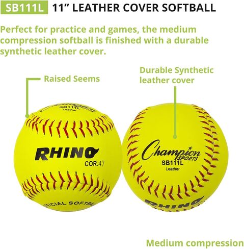 Champion Sports 11" Syntex Leather Cover Softballs - Poly Core - Medium Compression - NFHS Approved - Raised Seams - Optic Yellow - Pack of 12 in Saudi Arabia