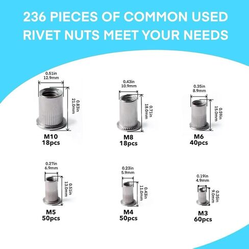 طقم تشويش Nut Nut Rivet (278pcs) ، 1/4 "-20 ، 3/8" -16 ، 5/16 "-18 ، #10-24 ، #8-32 ، #6-32UNC SAE RIVNUTS ، in Saudi Arabia