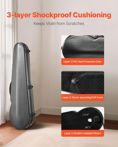 VEVOR 4/4 Full Size Violin Case, Built-in Hygrometer, Lightweight Portable Travel Carrying Bag, with Plush Lining, Shoulder Straps, Anti-Scratch, Professional Oblong Shape, for Violin, Black in Kuwait