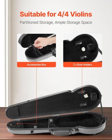 VEVOR 4/4 Full Size Violin Case, Built-in Hygrometer, Lightweight Portable Travel Carrying Bag, with Plush Lining, Shoulder Straps, Anti-Scratch, Professional Oblong Shape, for Violin, Black in Kuwait