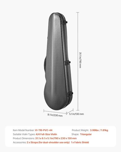 VEVOR 4/4 Full Size Violin Case, Built-in Hygrometer, Lightweight Portable Travel Carrying Bag, with Plush Lining, Shoulder Straps, Anti-Scratch, Professional Oblong Shape, for Violin, Black in Kuwait