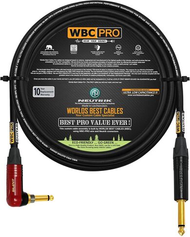 10 Foot - WBC-PRO-Guitar – 20 AWG - Low-Cap (18pF/ft) – Pro-Grade – Graphite-Based - Dual-Shielded Guitar Bass Instrument Cable w/Neutrik Straight - Angled (SilentPLUG) ¼ Inch (6.35mm) Gold TS Plugs in Saudi Arabia