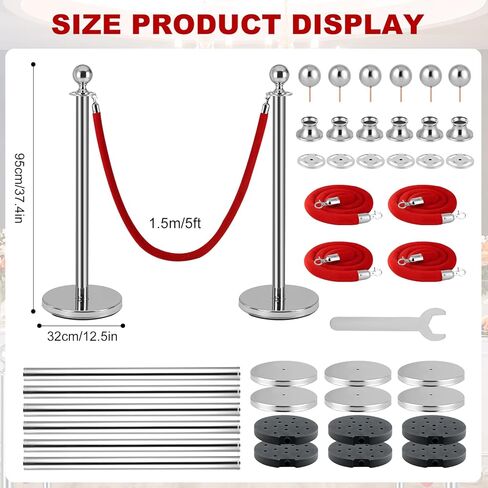 4pcs Stanchions with 2pcs 5ft Velvet Ropes, Gold Stanchions and Red Velvet Ropes Set, Crowd Barriers Safety Red Carpet Poles, Crowd Control Ropes and Stanchion Line Dividers for Party, Club in Kuwait