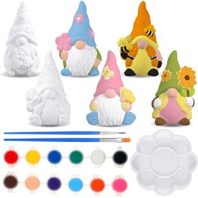 Poen 6 Sets Ready to Paint Your Own Ceramic Gnome Statues Easter DIY Unpainted Ceramic Figurines Kit Paintable Gnome Figurines DIY Art and Craft with Brush Palette Paint for Adults in Kuwait