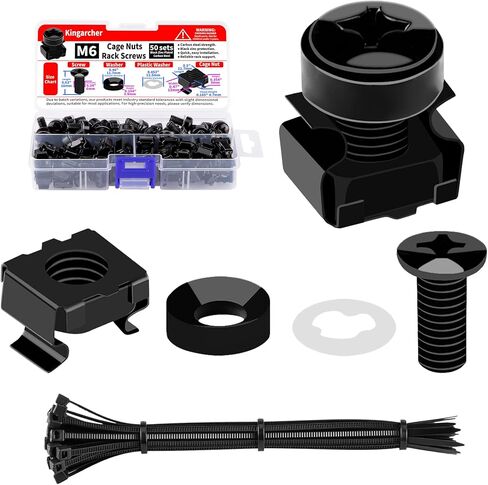 50-Pack M6 x 16mm Rack Mount Cage Nuts, Screws, and Washers – Server Rack Screws and Cage Nuts for Square-Hole Network Racks, Cabinets, and Shelves – Includes Cable Ties in Saudi Arabia