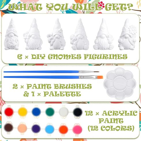 Poen 6 Sets Ready to Paint Your Own Ceramic Gnome Statues Easter DIY Unpainted Ceramic Figurines Kit Paintable Gnome Figurines DIY Art and Craft with Brush Palette Paint for Adults in Kuwait