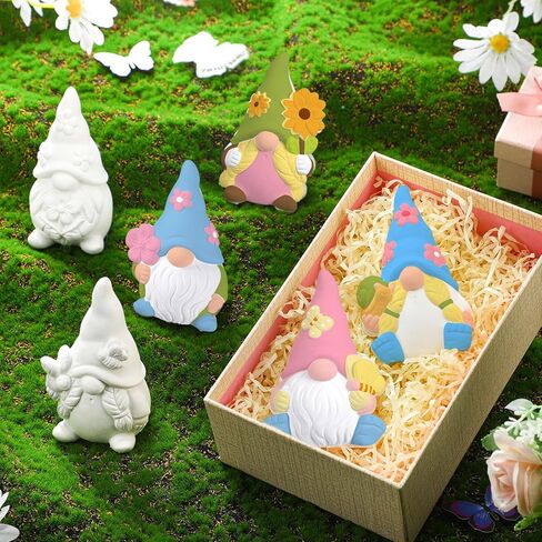Poen 6 Sets Ready to Paint Your Own Ceramic Gnome Statues Easter DIY Unpainted Ceramic Figurines Kit Paintable Gnome Figurines DIY Art and Craft with Brush Palette Paint for Adults in Kuwait