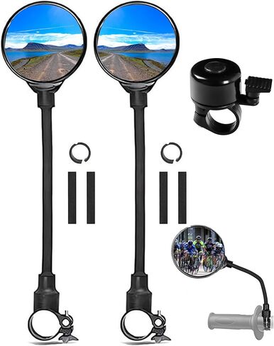 Bike Mirror With Bike Bell 360° Adjustable HD Convex Handlebar Mirror Anti-Scratch Glass Riding Mirrors (2* Mirror + 1* Bell) in Kuwait