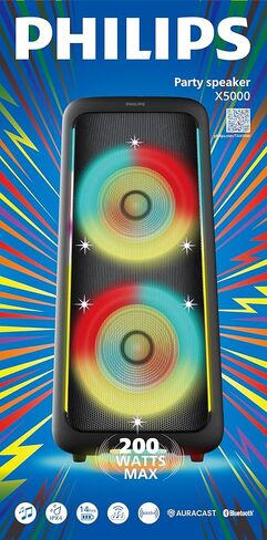 Philips TAX5000 Bluetooth Party Speaker, 200W Max Sound, Bass+, RGB Lightshow, 14H Battery, TWS & Auracast Multi-Speaker, Dual Mic & Guitar Input, Karaoke, Portable with Wheels, IPX4 Splash-Proof in Saudi Arabia