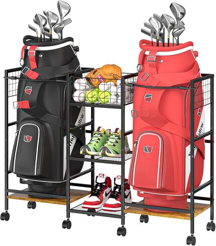 Golf Bag Storage Rack for Garage with Wheels, Organizer for 2 Golf Bag and Equipment Accessories, Golf Organizer Stand Ideal for Home, Garage, Club, Shed, Basement - Sturdy and Durable (Black) in Kuwait