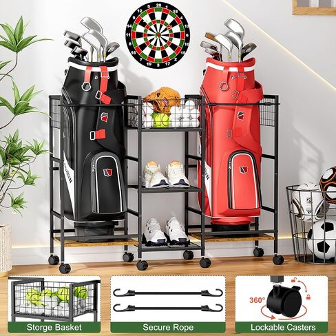 Golf Bag Storage Rack for Garage with Wheels, Organizer for 2 Golf Bag and Equipment Accessories, Golf Organizer Stand Ideal for Home, Garage, Club, Shed, Basement - Sturdy and Durable (Black) in Kuwait