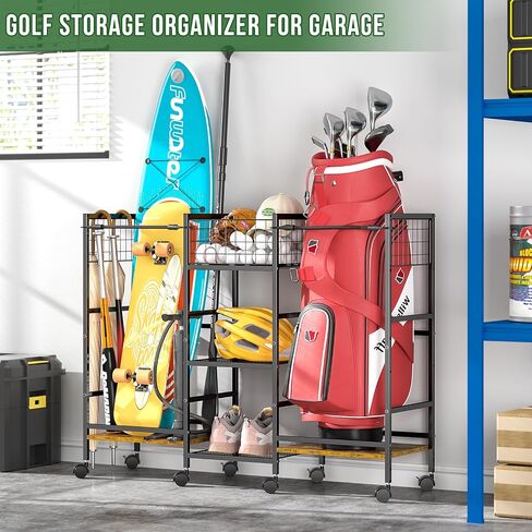 Golf Bag Storage Rack for Garage with Wheels, Organizer for 2 Golf Bag and Equipment Accessories, Golf Organizer Stand Ideal for Home, Garage, Club, Shed, Basement - Sturdy and Durable (Black) in Kuwait
