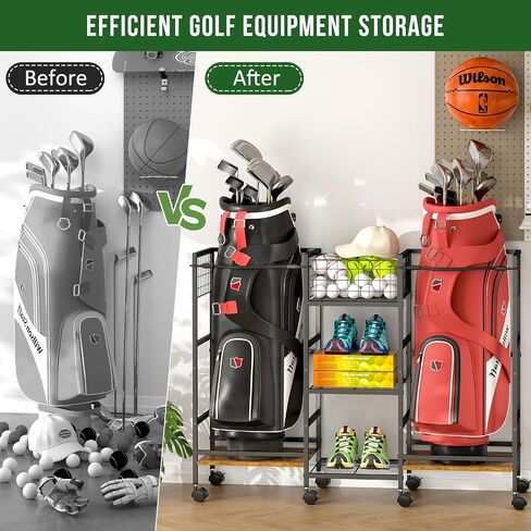 Golf Bag Storage Rack for Garage with Wheels, Organizer for 2 Golf Bag and Equipment Accessories, Golf Organizer Stand Ideal for Home, Garage, Club, Shed, Basement - Sturdy and Durable (Black) in Kuwait