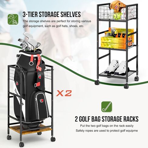 Golf Bag Storage Rack for Garage with Wheels, Organizer for 2 Golf Bag and Equipment Accessories, Golf Organizer Stand Ideal for Home, Garage, Club, Shed, Basement - Sturdy and Durable (Black) in Kuwait