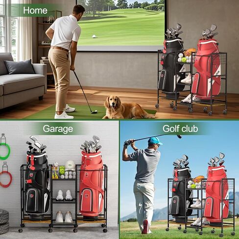 Golf Bag Storage Rack for Garage with Wheels, Organizer for 2 Golf Bag and Equipment Accessories, Golf Organizer Stand Ideal for Home, Garage, Club, Shed, Basement - Sturdy and Durable (Black) in Kuwait