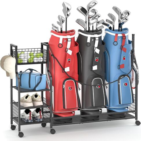 Golf Bag Storage Rack for Garage with Wheels, Organizer for 2 Golf Bag and Equipment Accessories, Golf Organizer Stand Ideal for Home, Garage, Club, Shed, Basement - Sturdy and Durable (Black) in Kuwait