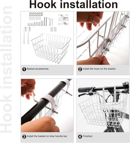 Bike Basket Front | Stainless Steel Front Basket for E-Bike & Electric Scooter-with Fixed Holder and Two Hooks | Easy Handlebar/Head Tube Installation | Bike Basket for Commuting & Shopping in Saudi Arabia
