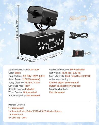 VEVOR Snow Machine, 800W Handheld/Hanging Snow Maker, Portable Wireless Remote Snowmaking machine with 1L Tank & Handle, Outdoor & Indoor Snowflake Maker for Christmas Party Stage Effect in Kuwait