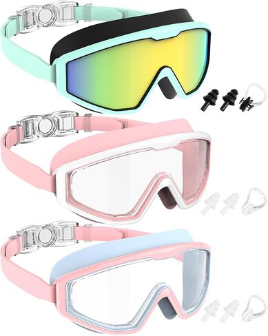 NSSIW Swim Goggles Swimming Kids-Goggles: Anti Fog No Leak with Nose Clip Earplugs for Girls Boys Youth 6-14 3 Pack in Kuwait
