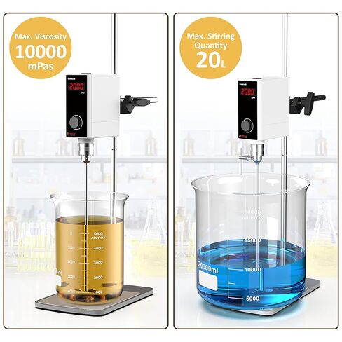 4E's USA Lab Overhead Stirrer - 20 Liter, 10000 mPas, 50~2000 RPM Variable Speed with Stand and Stirring Rod, LED Lab Stirrer Mixer with Safety Sensors and Go-Through Design for Easy Rod Adjustment in Kuwait
