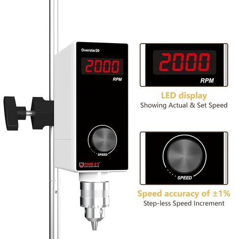 4E's USA Lab Overhead Stirrer - 20 Liter, 10000 mPas, 50~2000 RPM Variable Speed with Stand and Stirring Rod, LED Lab Stirrer Mixer with Safety Sensors and Go-Through Design for Easy Rod Adjustment in Kuwait