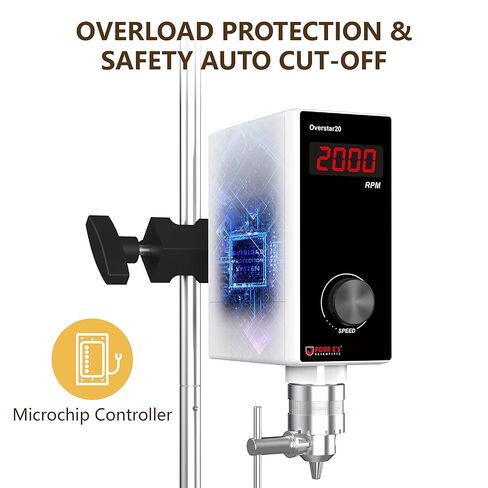 4E's USA Lab Overhead Stirrer - 20 Liter, 10000 mPas, 50~2000 RPM Variable Speed with Stand and Stirring Rod, LED Lab Stirrer Mixer with Safety Sensors and Go-Through Design for Easy Rod Adjustment in Kuwait