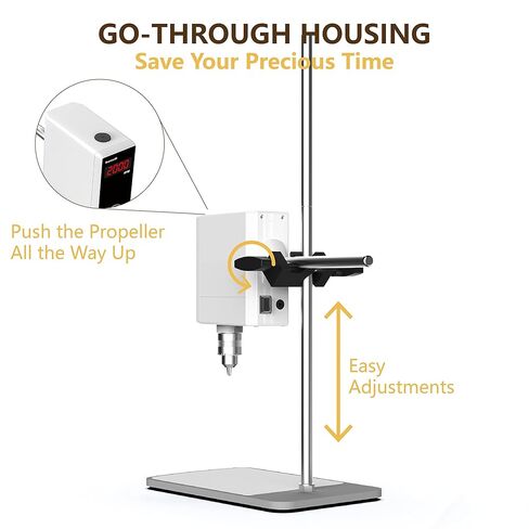 4E's USA Lab Overhead Stirrer - 20 Liter, 10000 mPas, 50~2000 RPM Variable Speed with Stand and Stirring Rod, LED Lab Stirrer Mixer with Safety Sensors and Go-Through Design for Easy Rod Adjustment in Kuwait