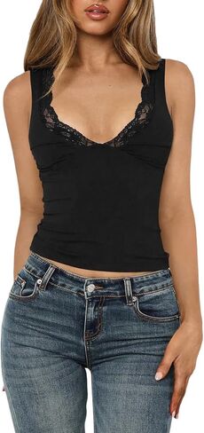 SweatyRocks Women's Lace Camisole Tank Tops Deep V Neck Sleeveless Fitted Going Out Crop Top in Saudi Arabia