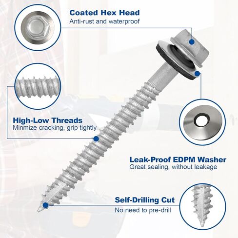 مسامير تسقيف المعادن #10 × 1-1/2inch ، 320-PCs ، ورقة طلاء صدأ الرأس السداسي إلى جانب غسالة مطاطية EPDM ، نقطة حادة ، مقبس سداسي سداسي in Kuwait