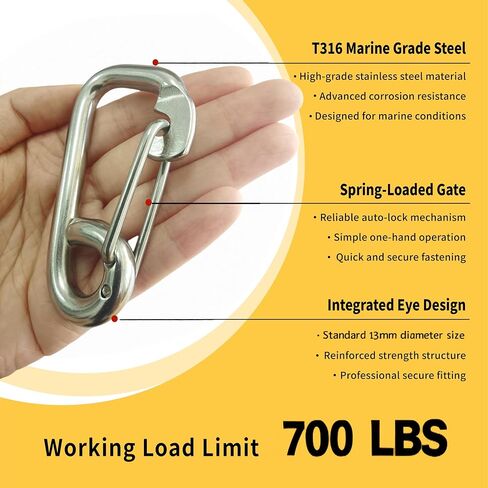 T316 Stainless Steel Spring Snap Hook, Marine Grade Safety Carabiner, Heavy Duty Boat Hook with Eye, for Ship Yacht Sailing in Kuwait